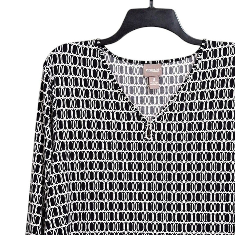 Chicos Top 3 US L Black White Tunic V-Neck 3/4 Sleeve Geometric Link Casual Work